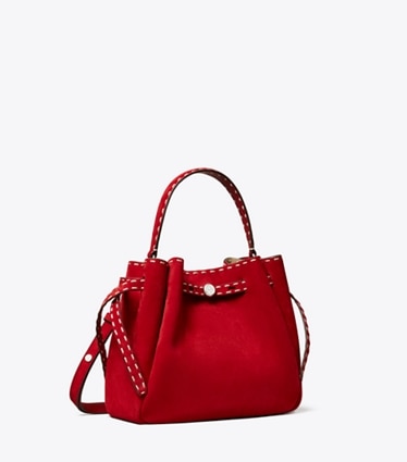 Tory Burch designer crossbody bags Romy Bucket Bag aus Wildleder mit Heftnaht in Toucan Red angle