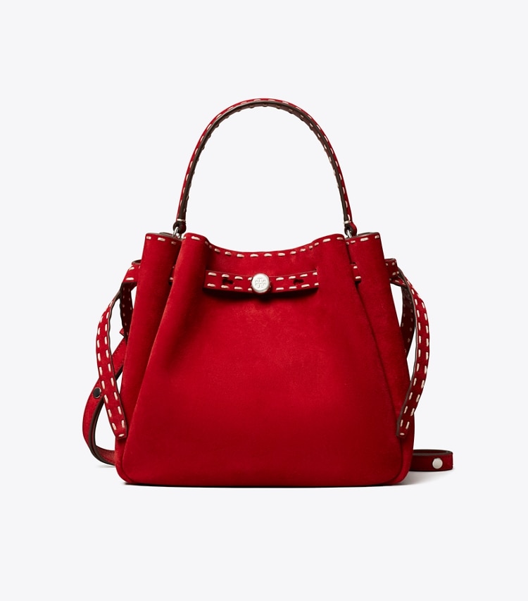 Tory Burch designer crossbody bags Romy Bucket Bag aus Wildleder mit Heftnaht in Toucan Red front
