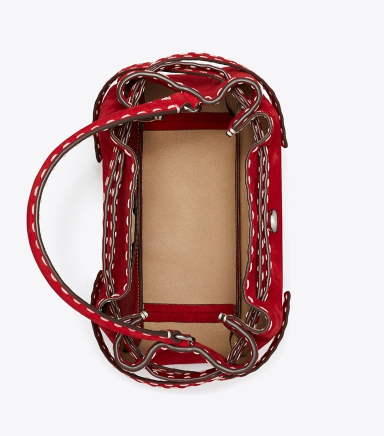 Tory Burch designer crossbody bags Romy Bucket Bag aus Wildleder mit Heftnaht in Toucan Red angle