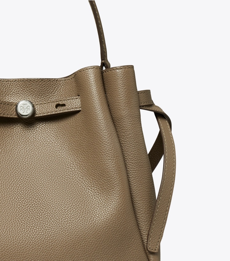 Tory Burch designer crossbody bags Romy Bucket Bag in Wild Mushroom detail