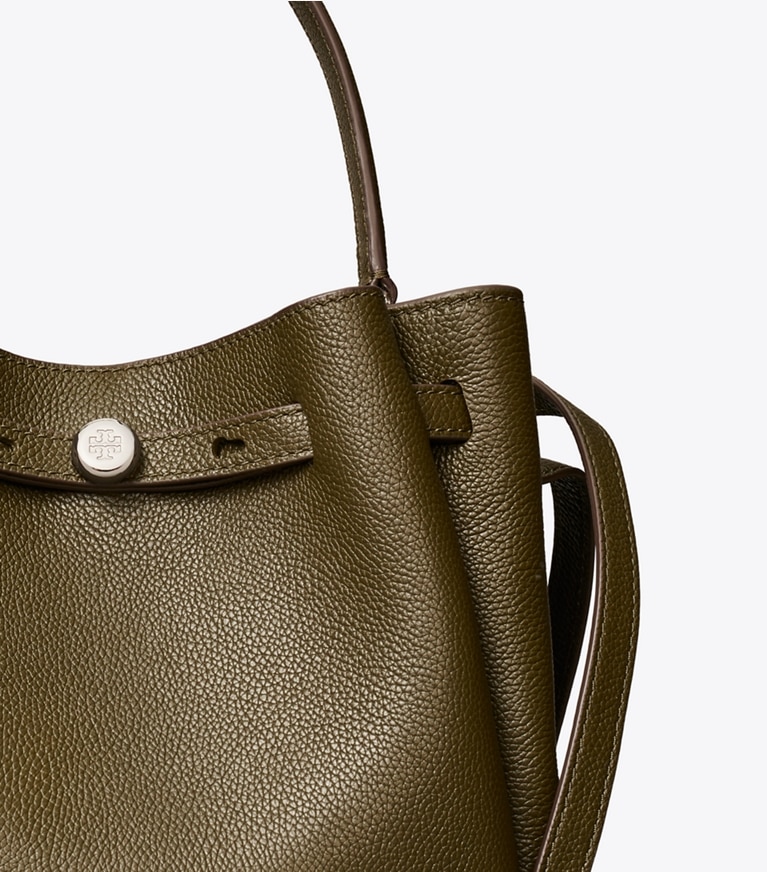 Tory Burch designer crossbody bags Romy Bucket Bag in Leccio detail