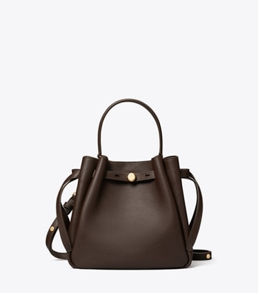 Tory Burch designer crossbody bags Romy Bucket Bag in Deep Brown front