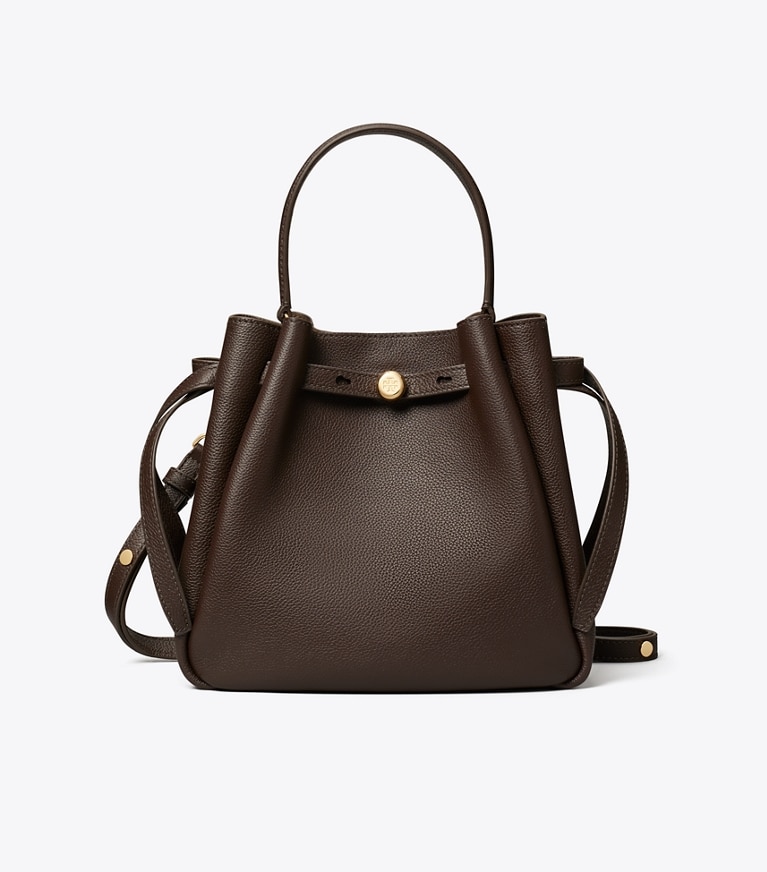 Tory Burch designer crossbody bags Romy Bucket Bag in Deep Brown front