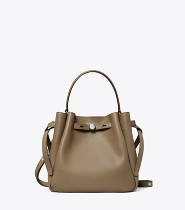 Tory Burch designer crossbody bags Romy Bucket Bag in Wild Mushroom front