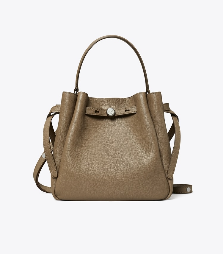 Tory Burch designer crossbody bags Romy Bucket Bag in Wild Mushroom front