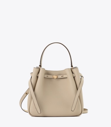 Tory Burch designer クロスボディバッグ ロミー バケットバッグ in Light Stone front
