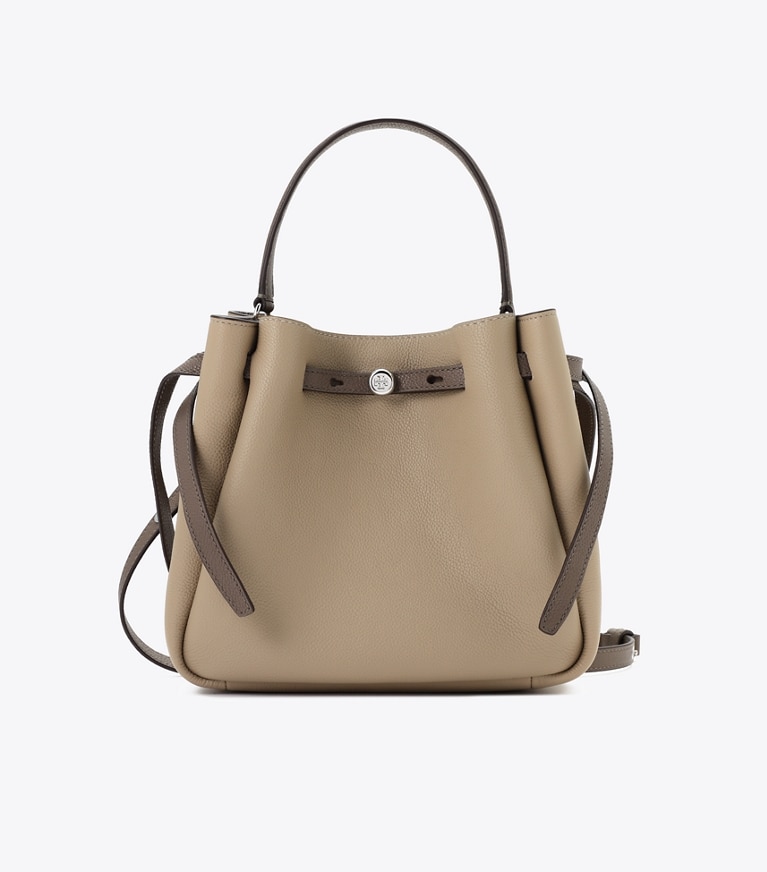 Tory Burch designer クロスボディバッグ ロミー バケットバッグ in Soft Cement / Wild Mushroom front
