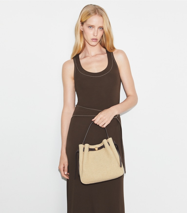 Tory Burch designer crossbody bags Romy Canvas Bucket Bag in Cafe Latte angle