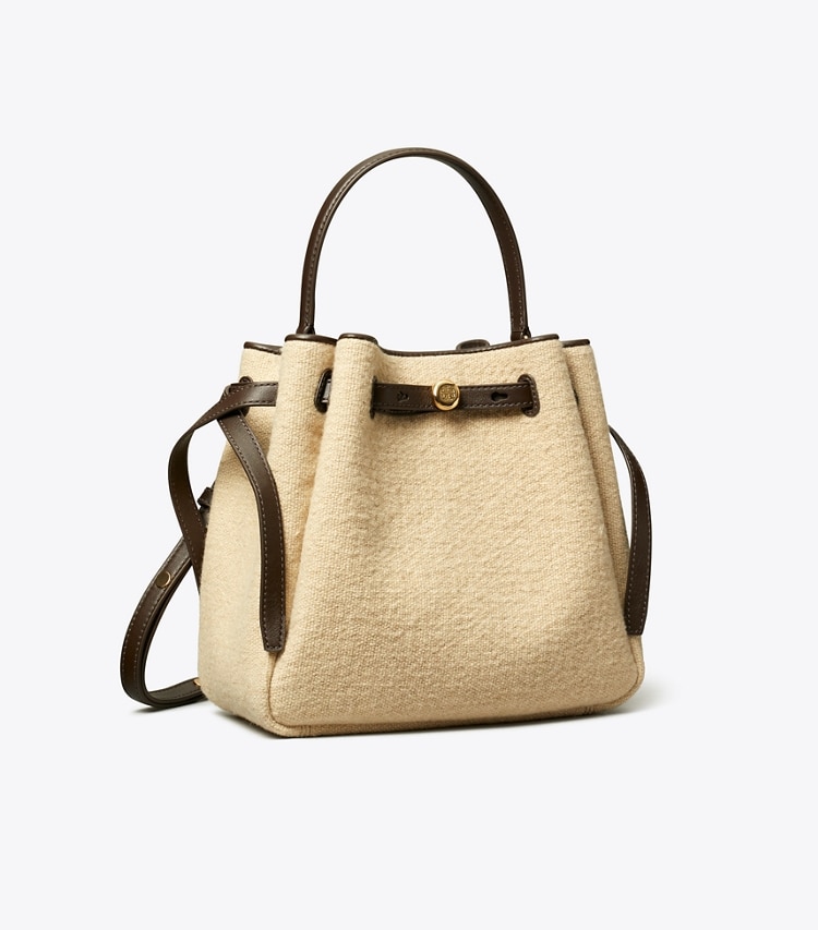Tory Burch designer crossbody bags Romy Canvas Bucket Bag in Cafe Latte angle