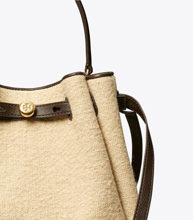 Tory Burch designer crossbody bags Romy Canvas Bucket Bag in Cafe Latte angle
