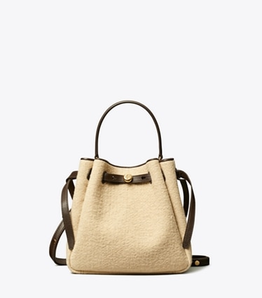 Tory Burch designer crossbody bags Romy Canvas Bucket Bag in Cafe Latte front