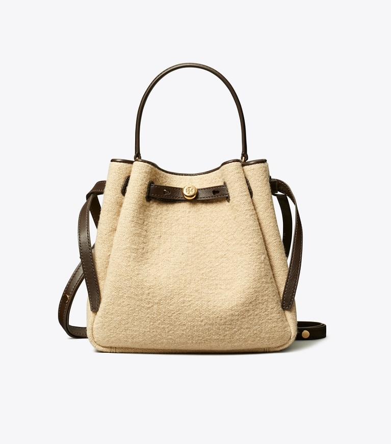 Tory Burch designer crossbody bags Romy Canvas Bucket Bag in Cafe Latte angle
