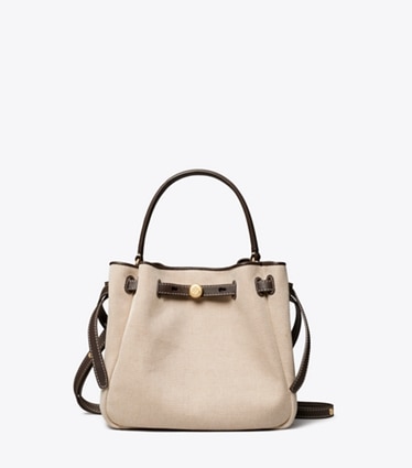 Tory Burch designer crossbody bags Romy Canvas Bucket Bag in Dusty Almond/ Bianco White front