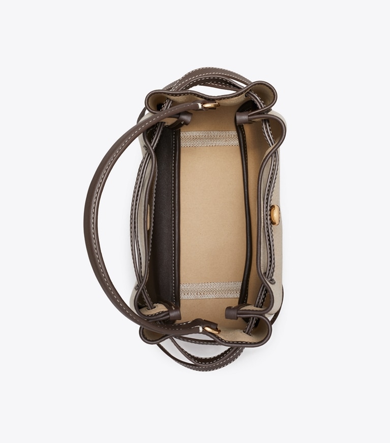 Tory Burch designer crossbody bags Romy Canvas Bucket Bag in Dusty Almond/ Bianco White overhead