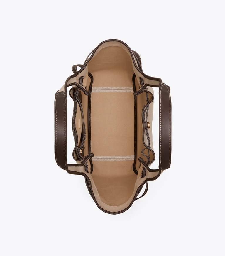 Tory Burch designer tote bags Romy Canvas Tote in Dusty Almond/ Bianco White overhead