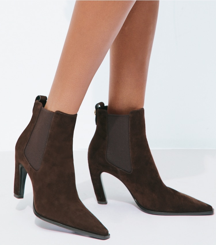 Tory Burch designer ankle boots Romy Chelsea Heel Boot in DARK COCOA accessory on model