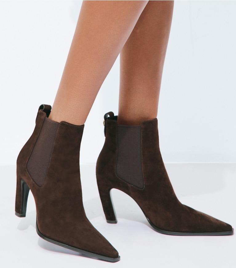 Tory Burch designer ankle boots Romy Chelsea Heel Boot in DARK COCOA accessory on model