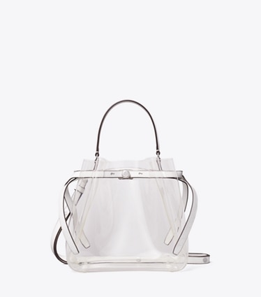 Tory Burch designer crossbody bags Romy Clear Bucket Bag in Crystal Clear front