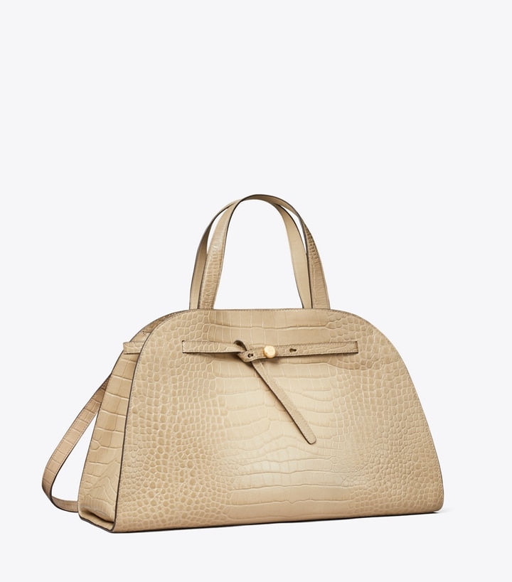Tory Burch designer satchels Romy Croc-Embossed Bauletto in Light Hickory angle
