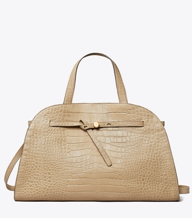 Tory Burch designer satchels Romy Croc-Embossed Bauletto in Light Hickory front