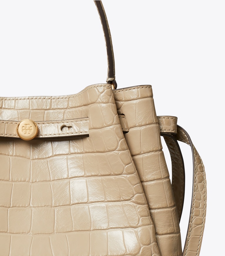 Tory Burch designer crossbody bags Romy Croc-Embossed Bucket Bag in Light Hickory detail