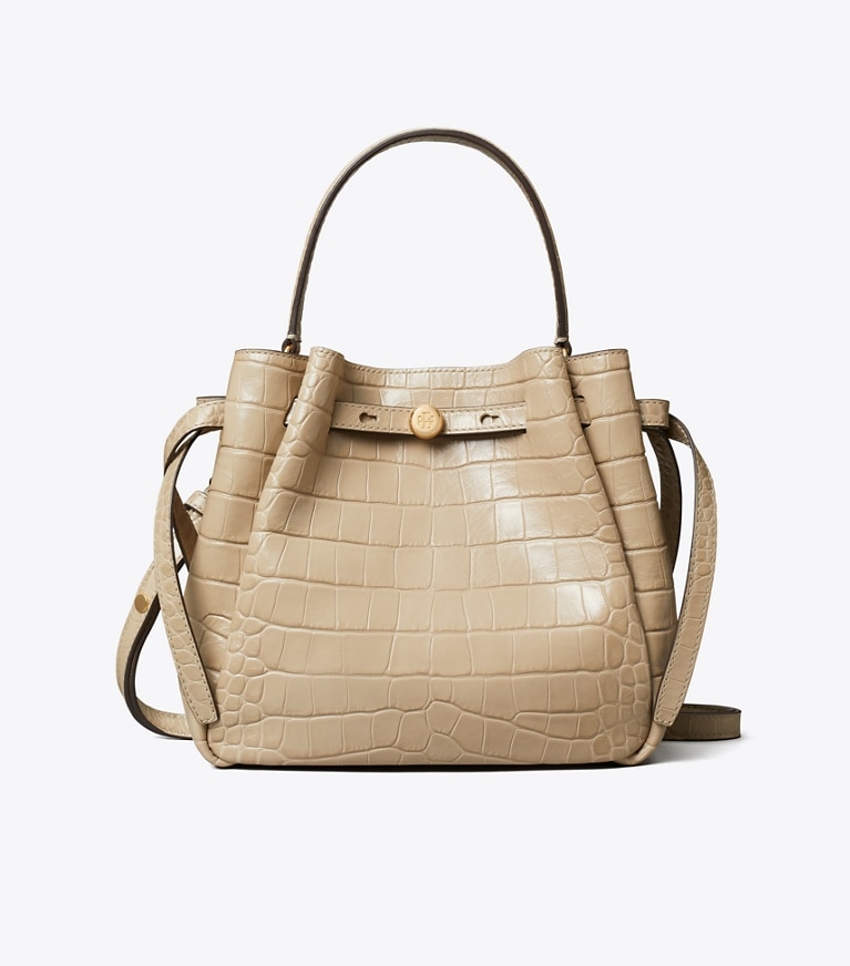 Tory Burch designer crossbody bags Romy Croc-Embossed Bucket Bag in Light Hickory front