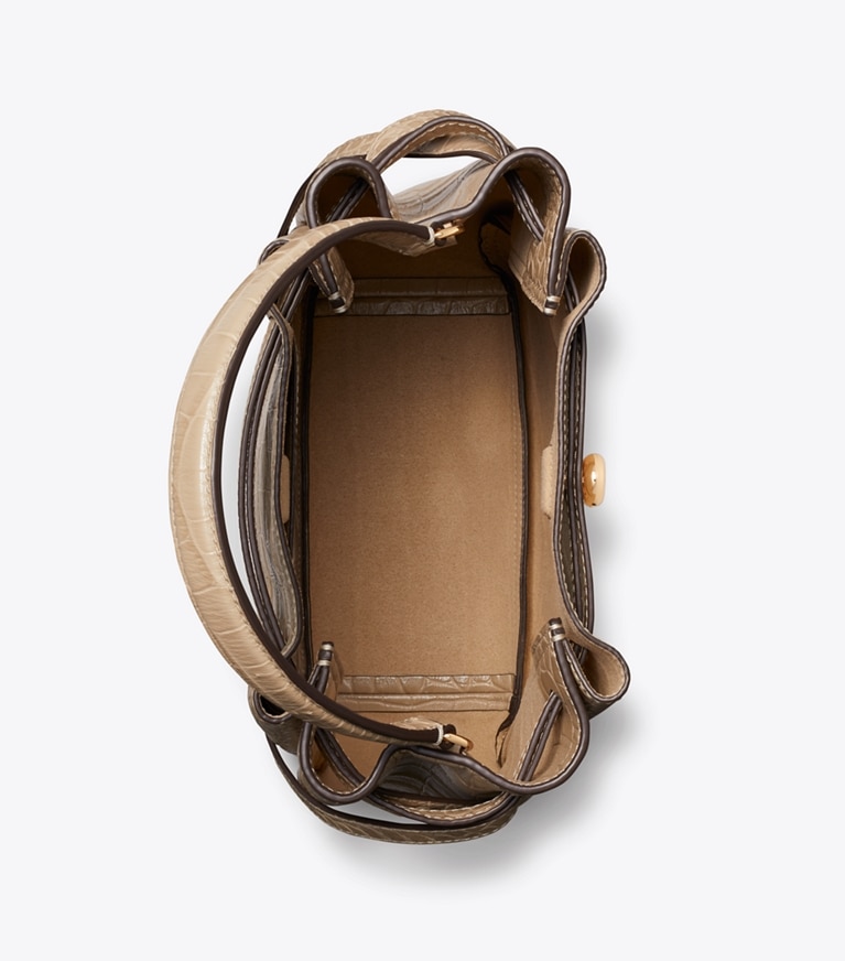 Tory Burch designer crossbody bags Romy Croc-Embossed Bucket Bag in Light Hickory overhead
