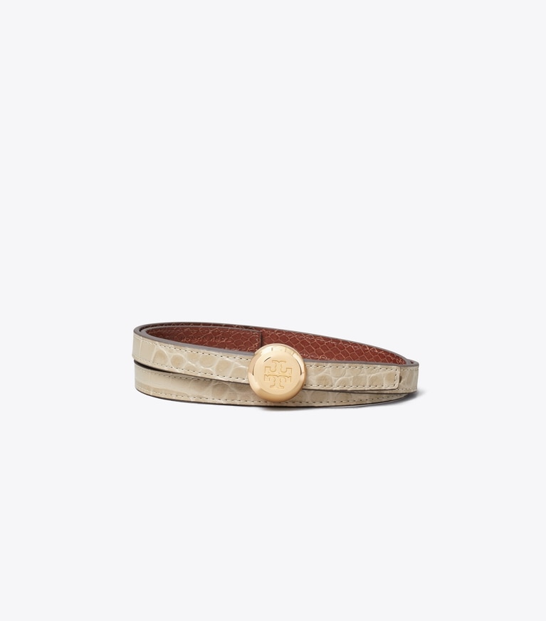 Tory Burch designer belts Romy Croc-Embossed Reversible Belt in Light Hickory / Sweet Maple front