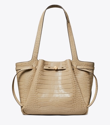 Tory Burch designer tote bags Romy Croc-Embossed Tote in Light Hickory front