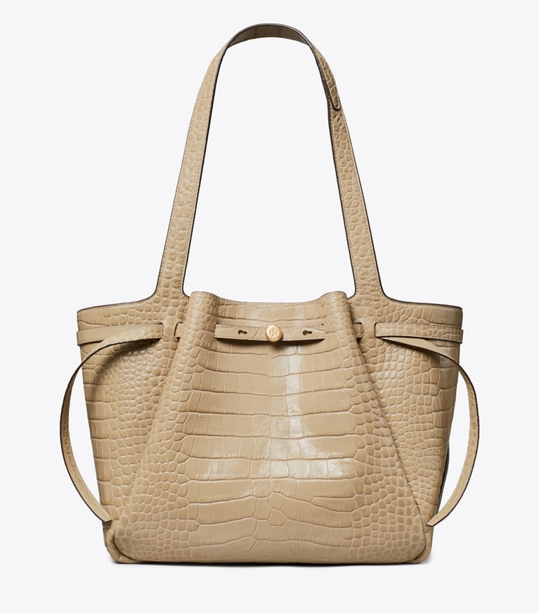 Tory Burch designer tote bags Romy Croc-Embossed Tote in Light Hickory front