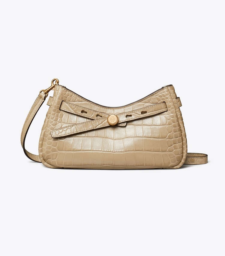 Tory Burch designer crossbody bags Romy Croc-Embossed Zip Top Crossbody Bag in Light Hickory front