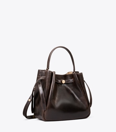 Tory Burch designer crossbody bags Romy Distressed Bucket Bag in Dark Brown angle