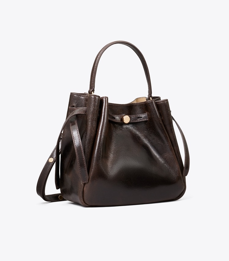 Tory Burch designer crossbody bags Romy Distressed Bucket Bag in Dark Brown angle