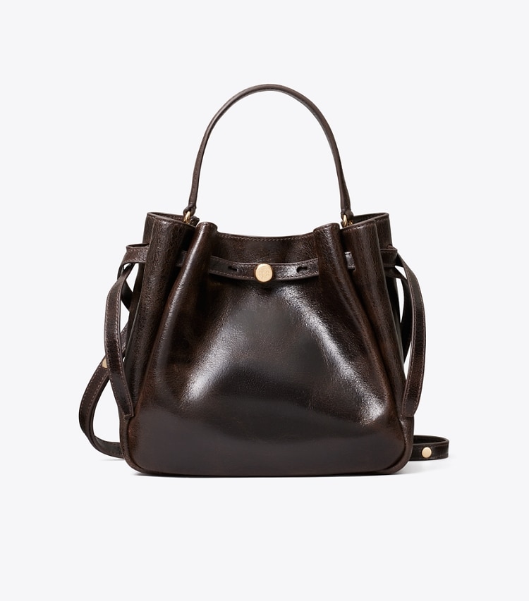Tory Burch designer crossbody bags Romy Distressed Bucket Bag in Dark Brown front