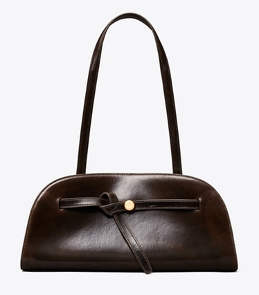 Tory Burch designer shoulder bags Romy Distressed East West Bauletto in Dark Brown front