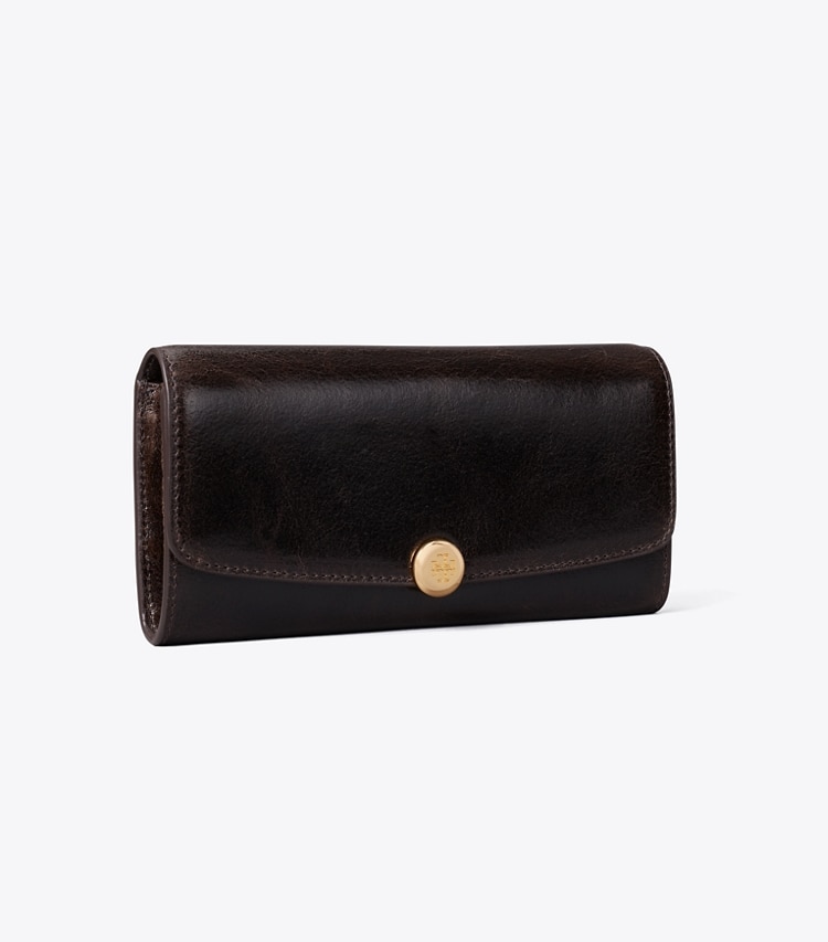 Tory Burch designer wallets Romy Distressed Long Flap Wallet in Dark Roast angle