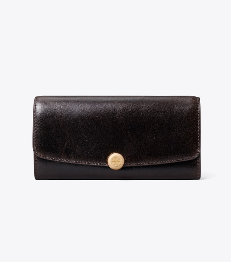 Tory Burch designer wallets Romy Distressed Long Flap Wallet in Dark Roast front