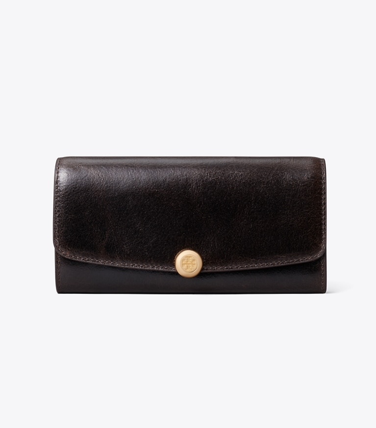 Tory Burch designer wallets Romy Distressed Long Flap Wallet in Dark Roast front