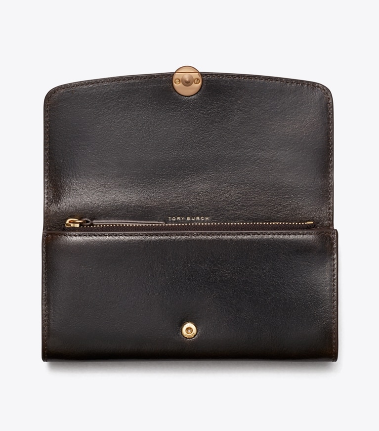 Tory Burch designer wallets Romy Distressed Long Flap Wallet in Dark Roast overhead