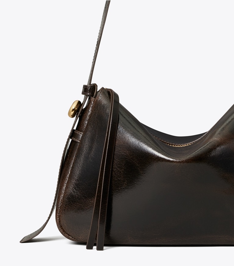Tory Burch designer shoulder bags Romy Distressed Shoulder Bag in Dark Brown detail