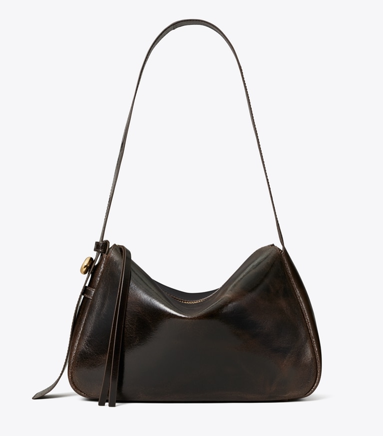 Tory Burch designer shoulder bags Romy Distressed Shoulder Bag in Dark Brown front