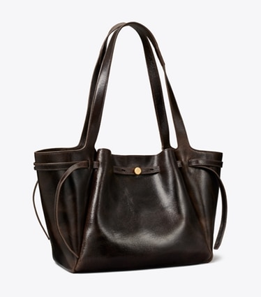 Tory Burch designer tote bags Romy Distressed Tote in Dark Brown angle