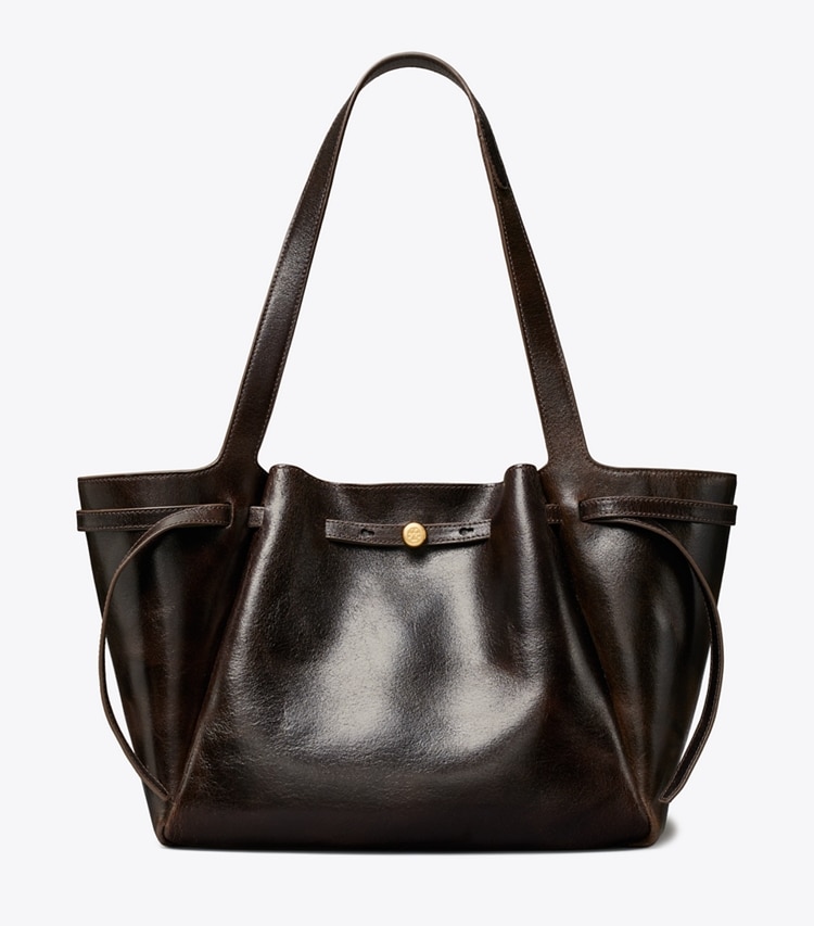 Tory Burch designer tote bags Romy Distressed Tote in Dark Brown front