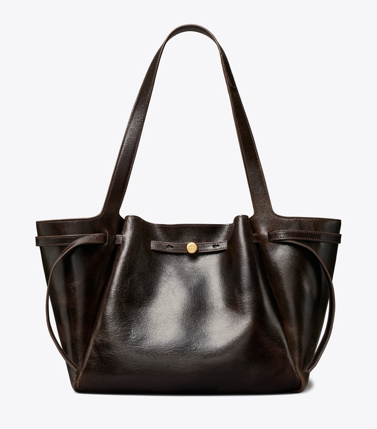 Tory Burch designer tote bags Romy Distressed Tote in Dark Brown front