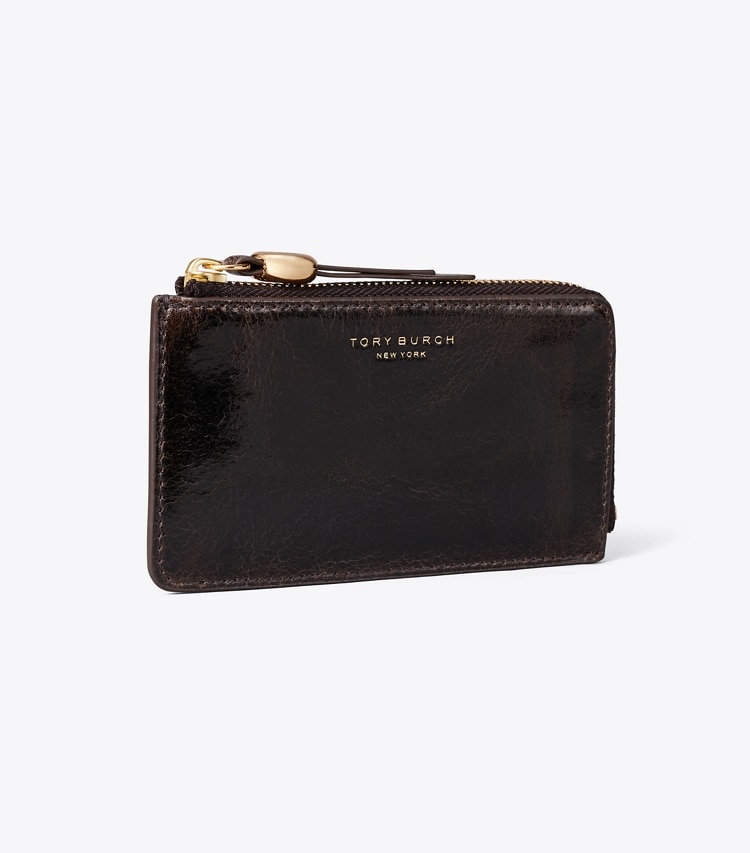 Tory Burch designer card cases Romy Distressed Zip Card Case in Dark Roast angle