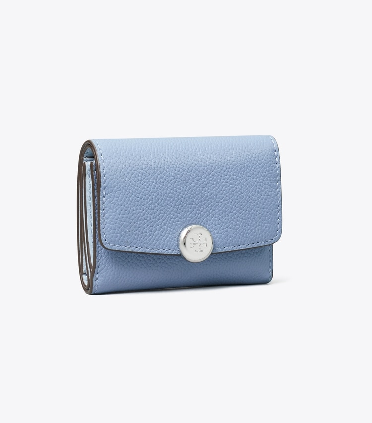 Tory Burch designer wallets Romy Flap Wallet in Steel Blue angle