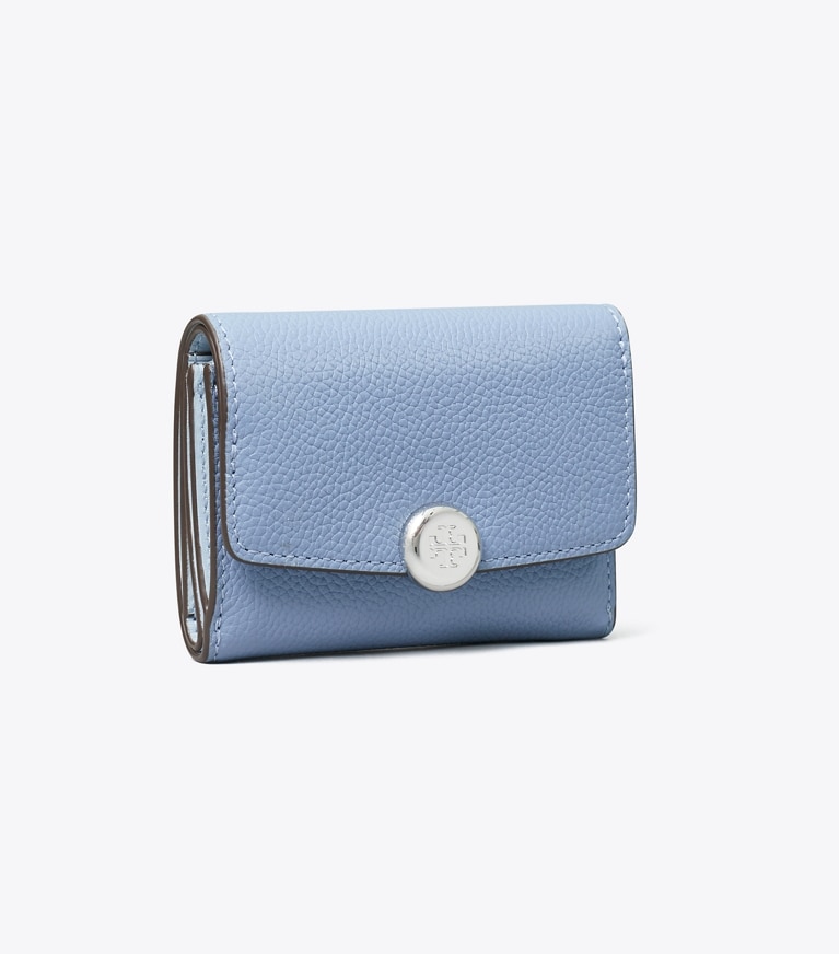 Tory Burch designer wallets Romy Flap Wallet in Steel Blue angle