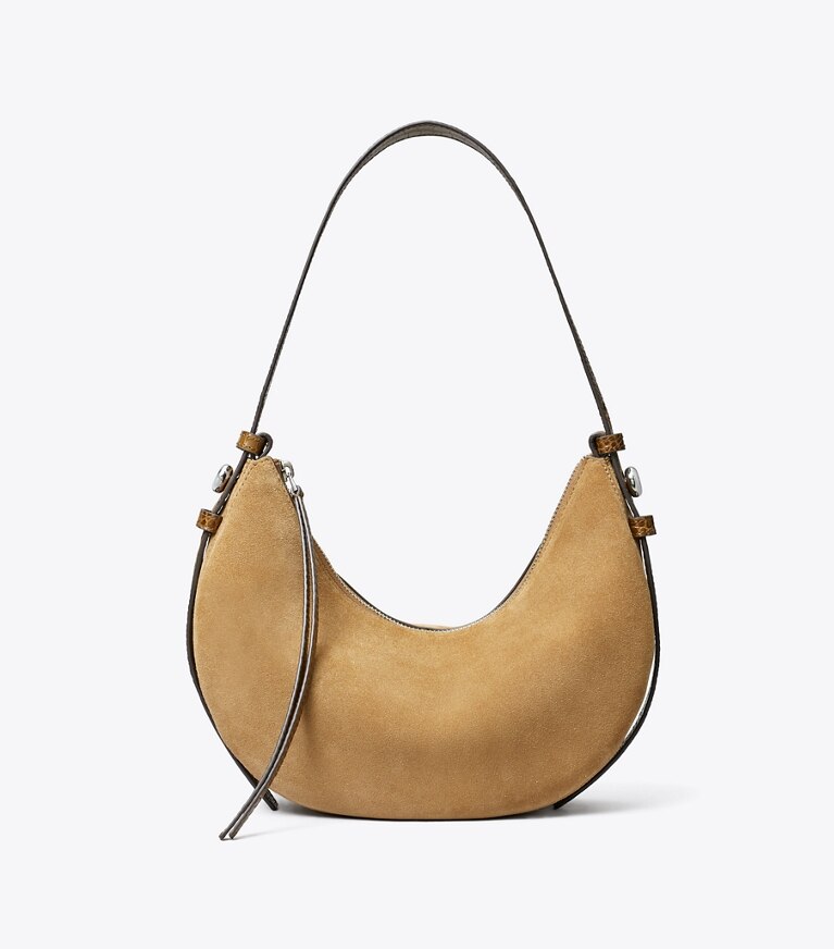Tory Burch designer schultertaschen Romy Half Moon Tasche aus Wildleder in Stone front