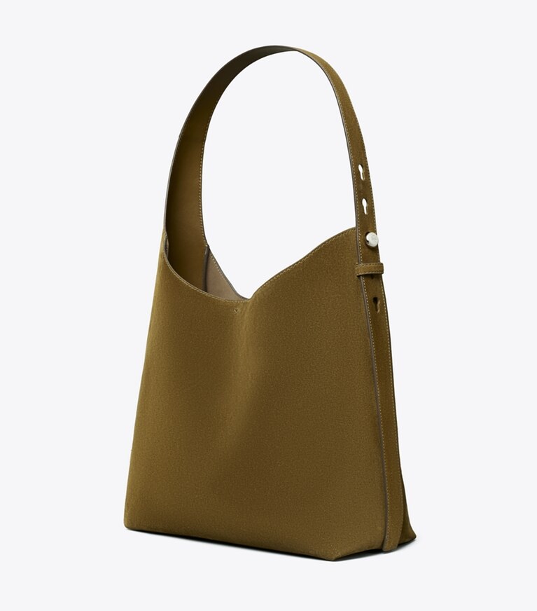 Tory Burch designer hobo bags Romy Hobo Bag aus Wildleder in Deep Olive angle