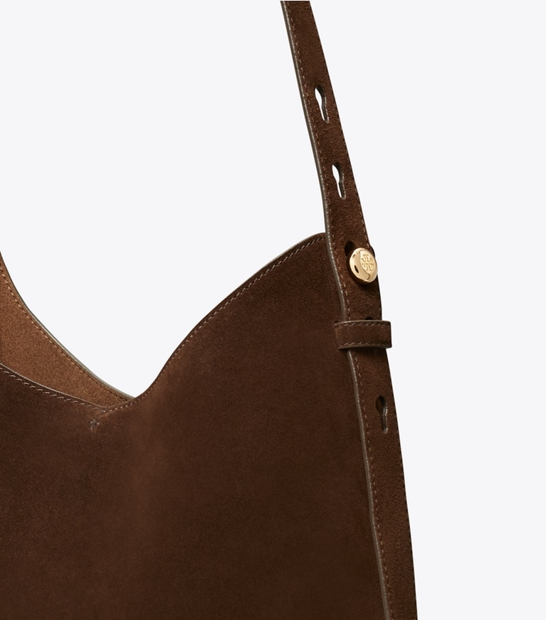 Tory Burch designer hobo bags Romy Hobo Bag aus Wildleder in Dark Cocoa angle